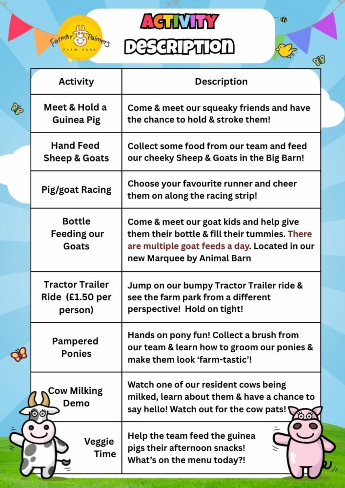 Timetable of Activities at childrens farm Farmer Palmers in Poole Dorset