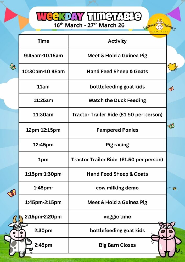 16 - 27 Weekday Activity timetable description of events at farmer palmers in Poole