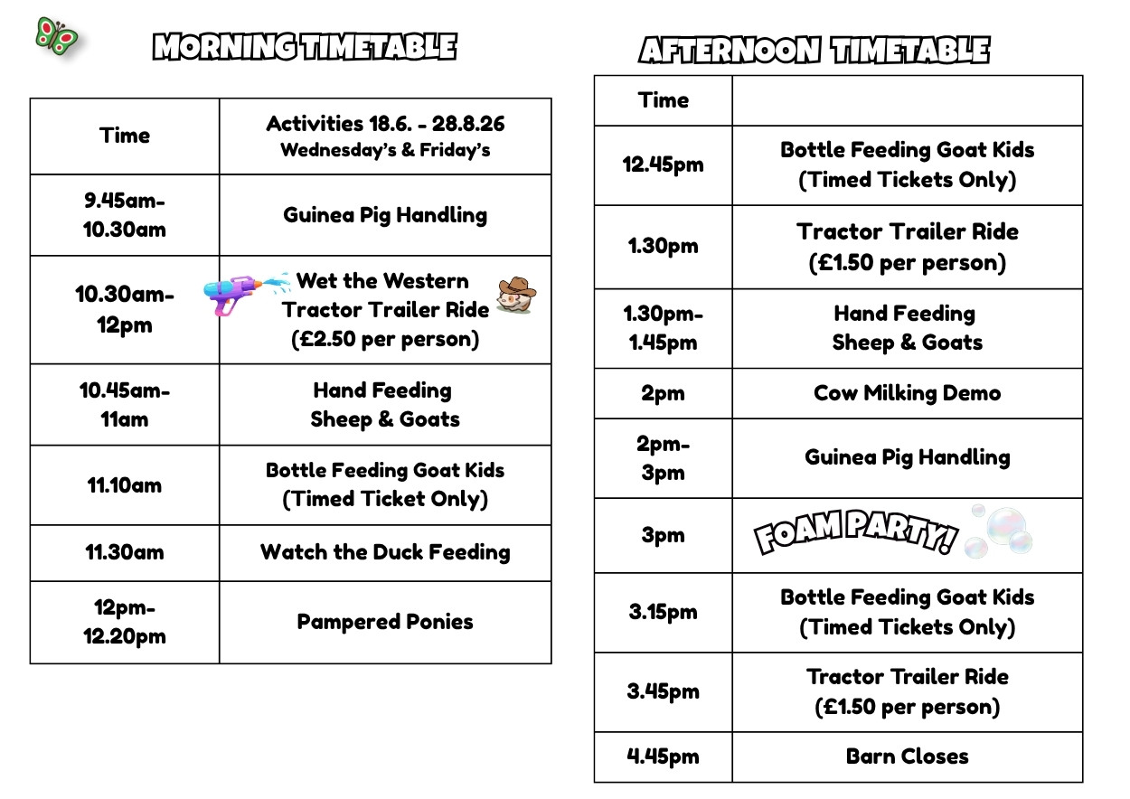 Timetable of activities at Farmer Palmers this summer with foam parties and events every day.