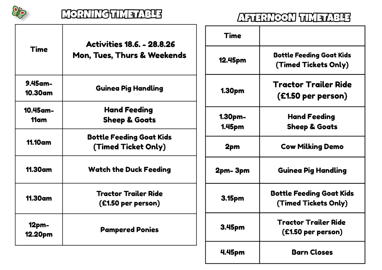 Monday, Tuesday and Thursday timetable of activities whats on weekend farmer palmers