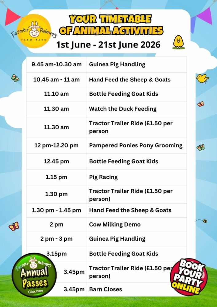 Activity timetable for Farmer Palmers Poole 1st to 21st June 26