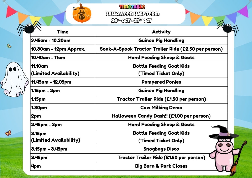 Halloween activity timetable for Farmer Palmers Farm Park nr Poole