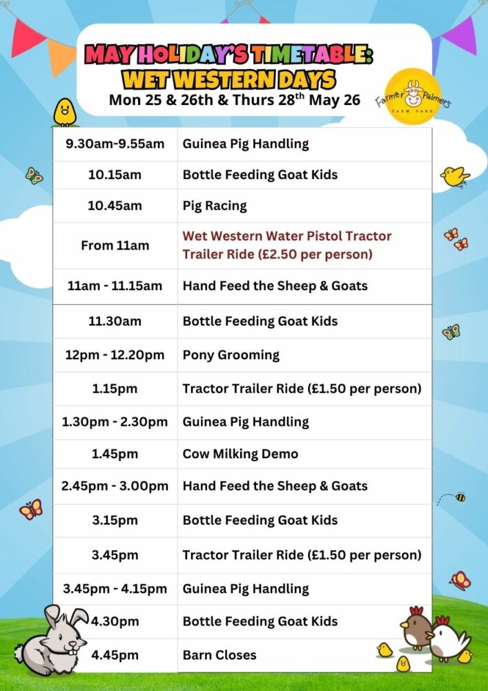 Draft activity timetable with times and prices for May half term 2026. Farmer palmers poole dorset
