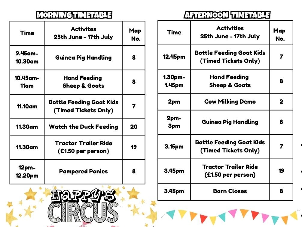 25TH-June-17TH-JULY-WEEKDEND timetable at Farmer Palmers Farm Park