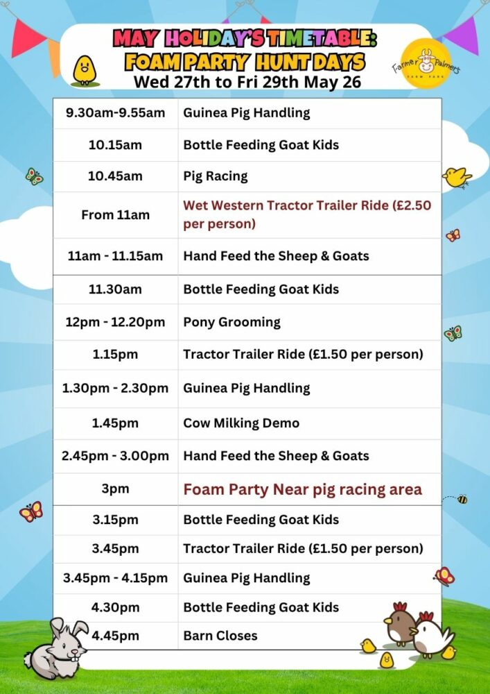 Draft activity timetable with times and prices for May half term 2026. Farmer palmers poole dorset