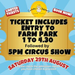 Happy's circus ticket media tile for Farm Park Entry 1pm to 4:30 and 5pm family circus show on Saturday 29th August 26