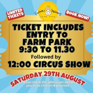 Happy's circus ticket media tile for Farm Park Entry 9:30 to 11:30 and 12pm family circus show on Saturday 29th August 26