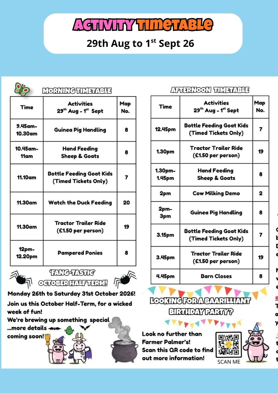Farm Park activity timetable 29 august to 1st Sept