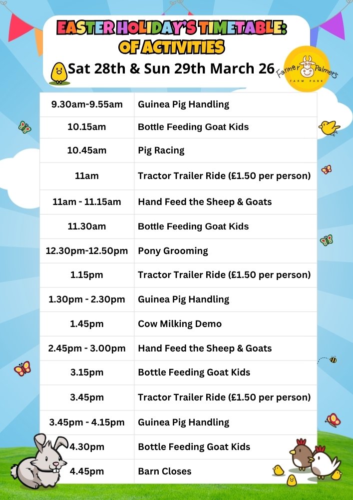 Animal and event Activity Timetable at Farmer Palmers in Poole Dorset