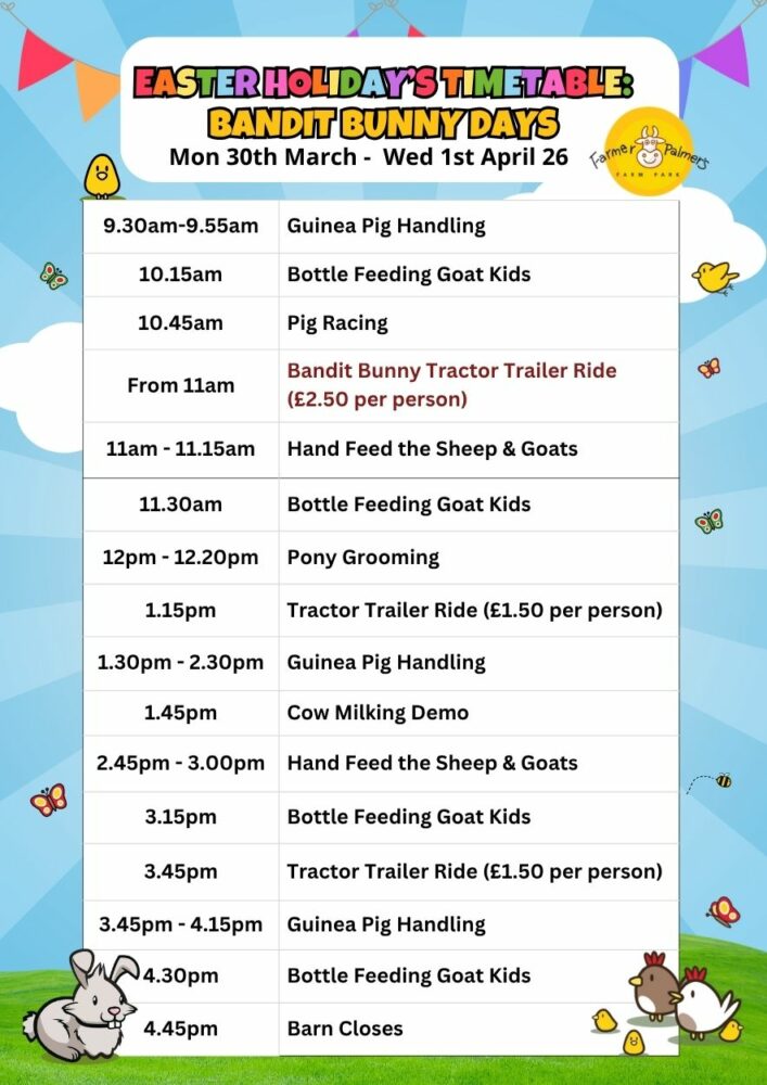 Timetable of Activities at childrens farm Farmer Palmers in Poole Dorset