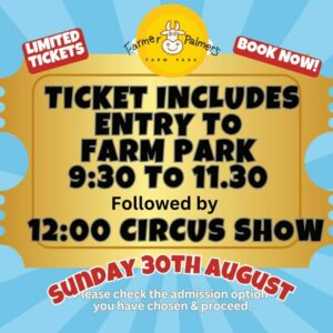 Happy's circus ticket media tile for Farm Park Entry 9:30 to 11:30 and 12p family circus show on Sunday 30th August 26