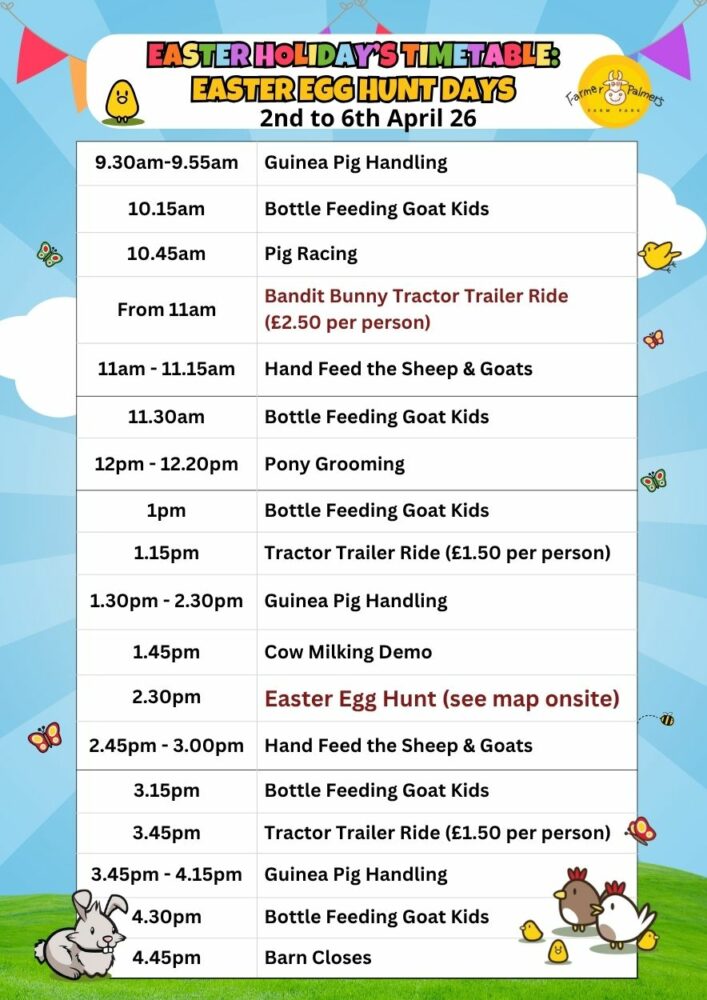 Timetable of Activities at childrens farm Farmer Palmers in Poole Dorset