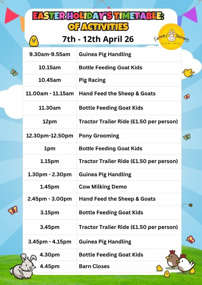 Timetable of Activities at childrens farm Farmer Palmers in Poole Dorset