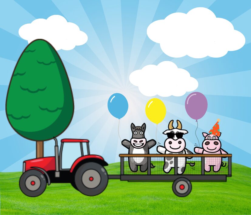 farmer palmers character tractor trailer and animals on a trailer with balloons