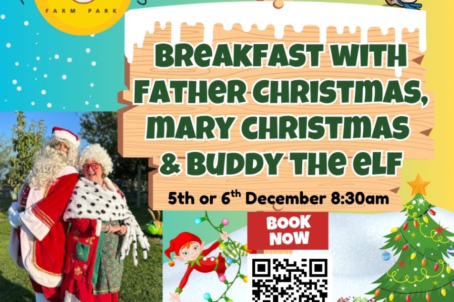 Breakfast with Father Christmas image with elf, mrs claus and information at farmer palmers.
