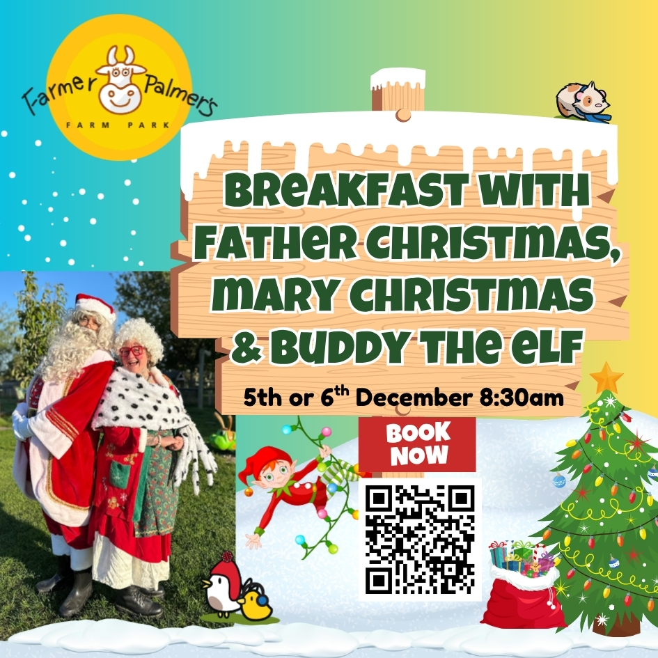 Breakfast with Father Christmas image with elf, mrs claus and information at farmer palmers.