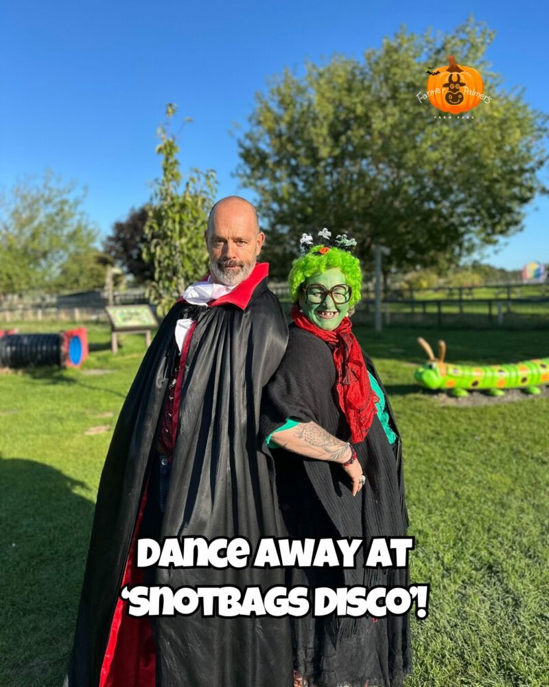 man dressed as Dracula and green faced lady promoting disco at farmer palmers