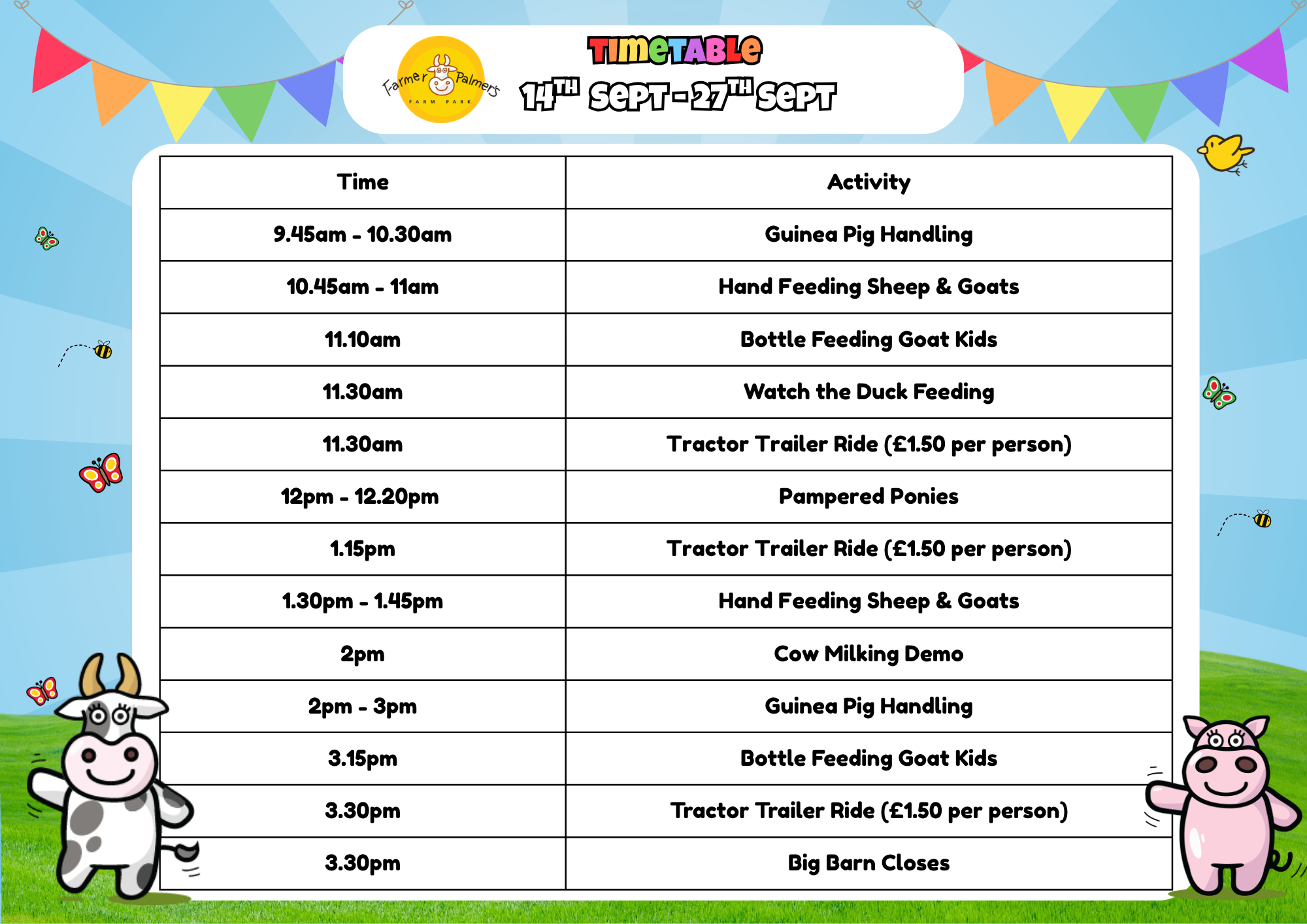 Farmer Palmers timetable of events Sept 2026