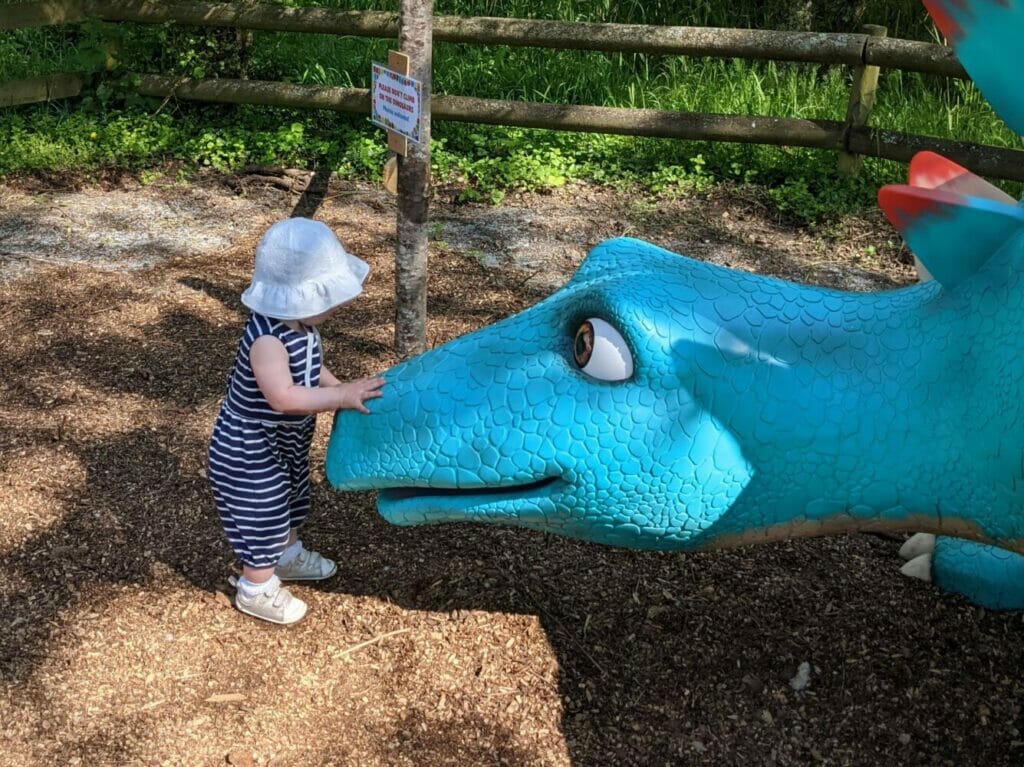 kid petting the blue Stegosaurs - The World Of Dinosaur Roar Discovery Trail poole dorset