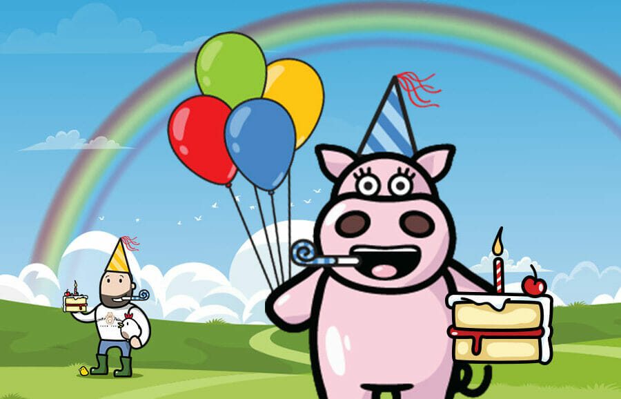 image of a pig with balloons and birthday cake